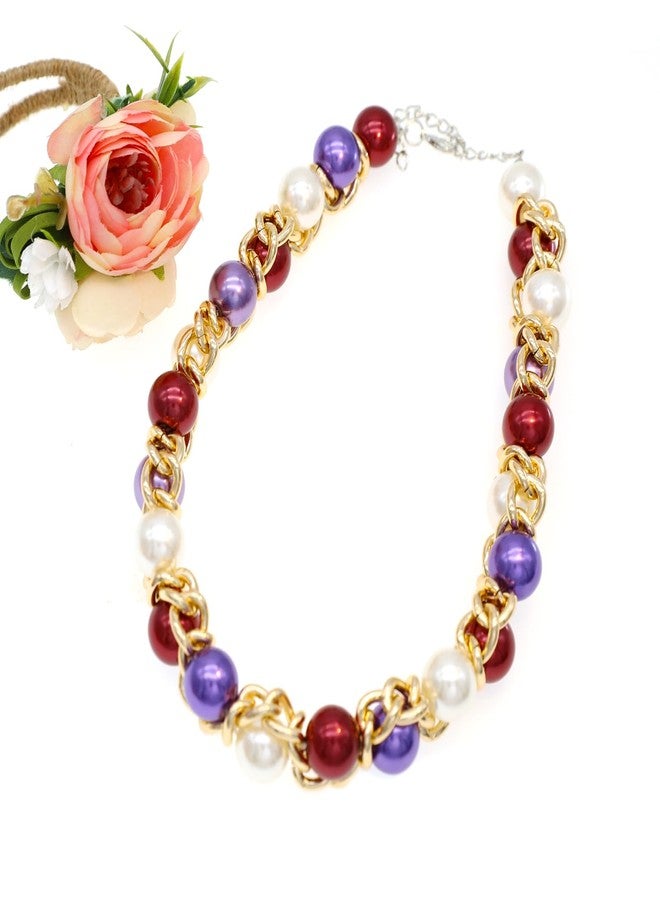CIOOU Pearl Choker Necklace For Women Large Chunky Bib Simulated Pearl Strand Statement Necklace Big Beaded Pearl Costume Jewelry (Burgundy purple with pearl with link) - Image 3